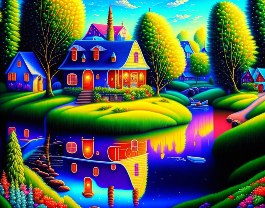 Colorful Illustration: Whimsical Village with Glowing Trees and Reflective River