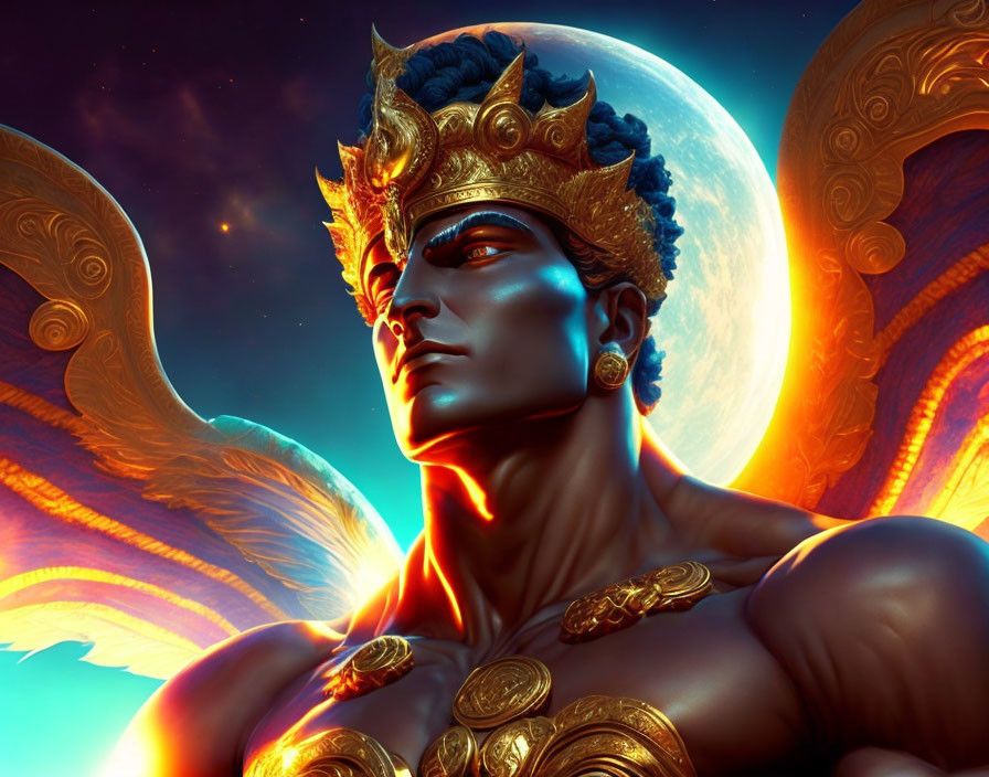 Majestic male figure with golden crown and armor under crescent moon