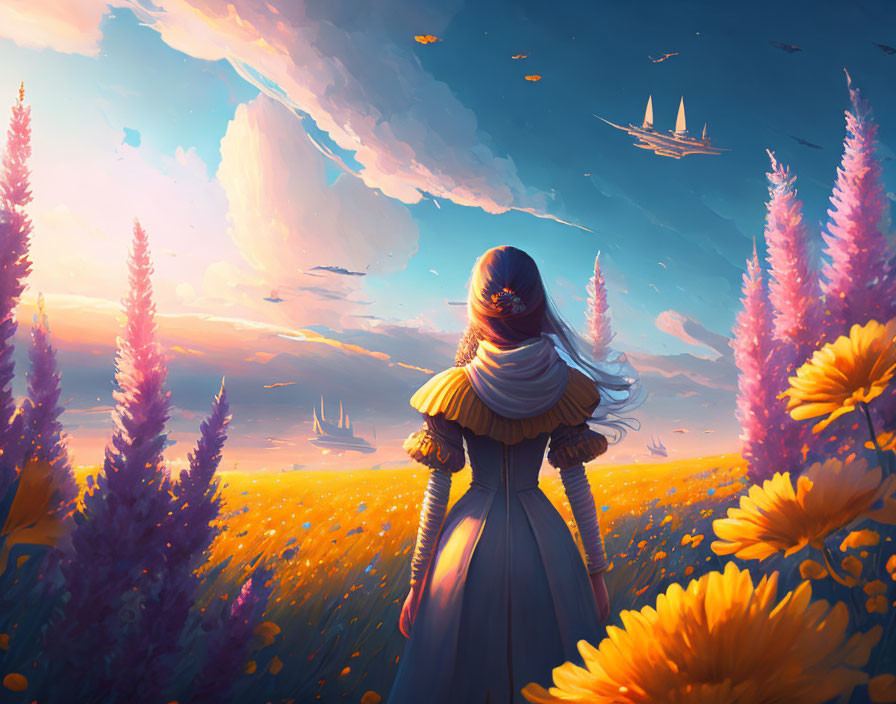 Woman in Flower Field at Sunset with Floating Ship