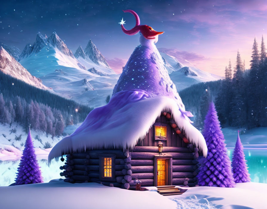 Snow-covered log cabin with crescent moon in magical winter landscape