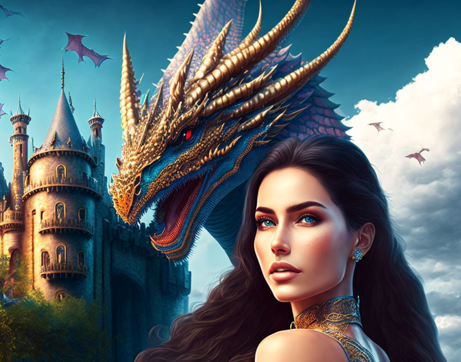 Digital artwork of woman, dark hair, dragon, castle, twilight sky, flying dragons