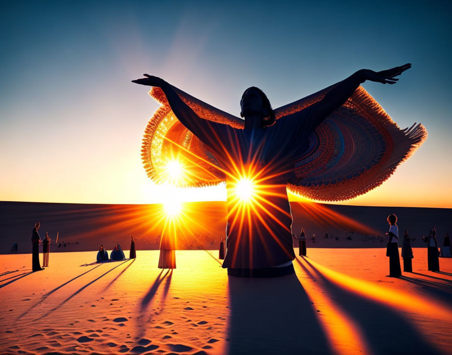 Person in Flowing Dress Silhouetted Against Desert Sunset