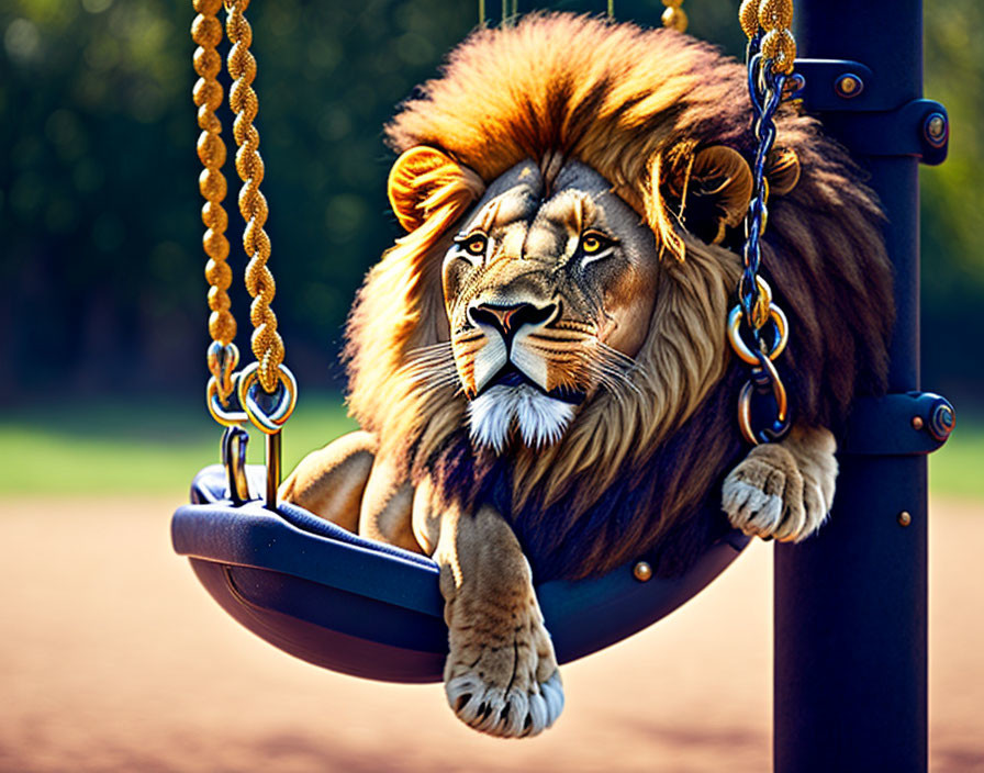 Majestic lion resting on child's blue swing set