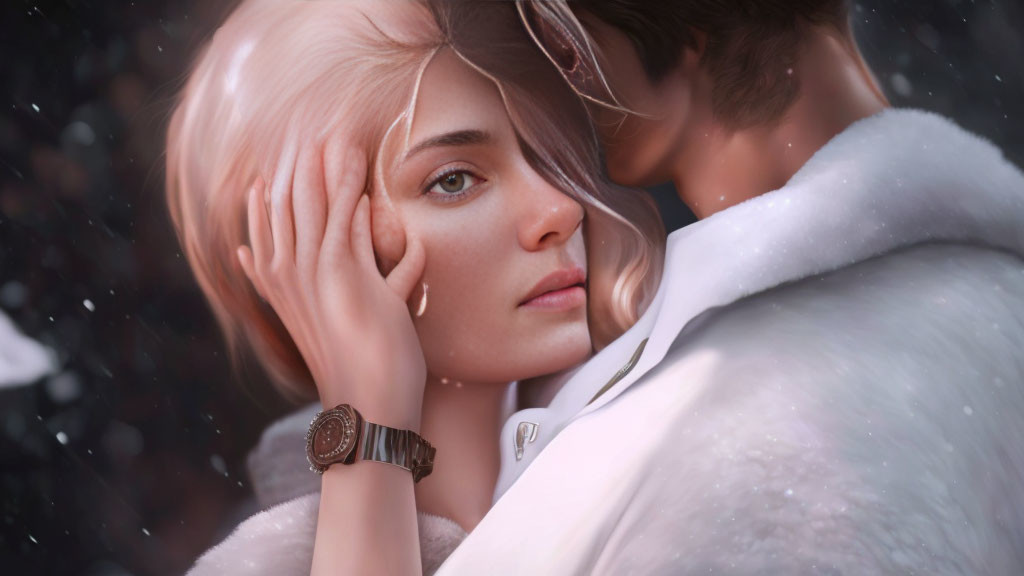 Digital image: Woman with pale skin and pinkish hair resting on man's chest in snowfall