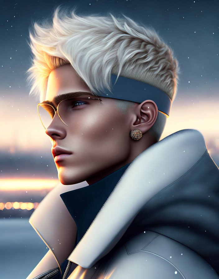 Stylish man with platinum blonde hair and sunglasses in high-collar coat against sunset.