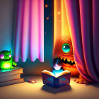 Child reading glowing book with colorful monsters in dimly lit room