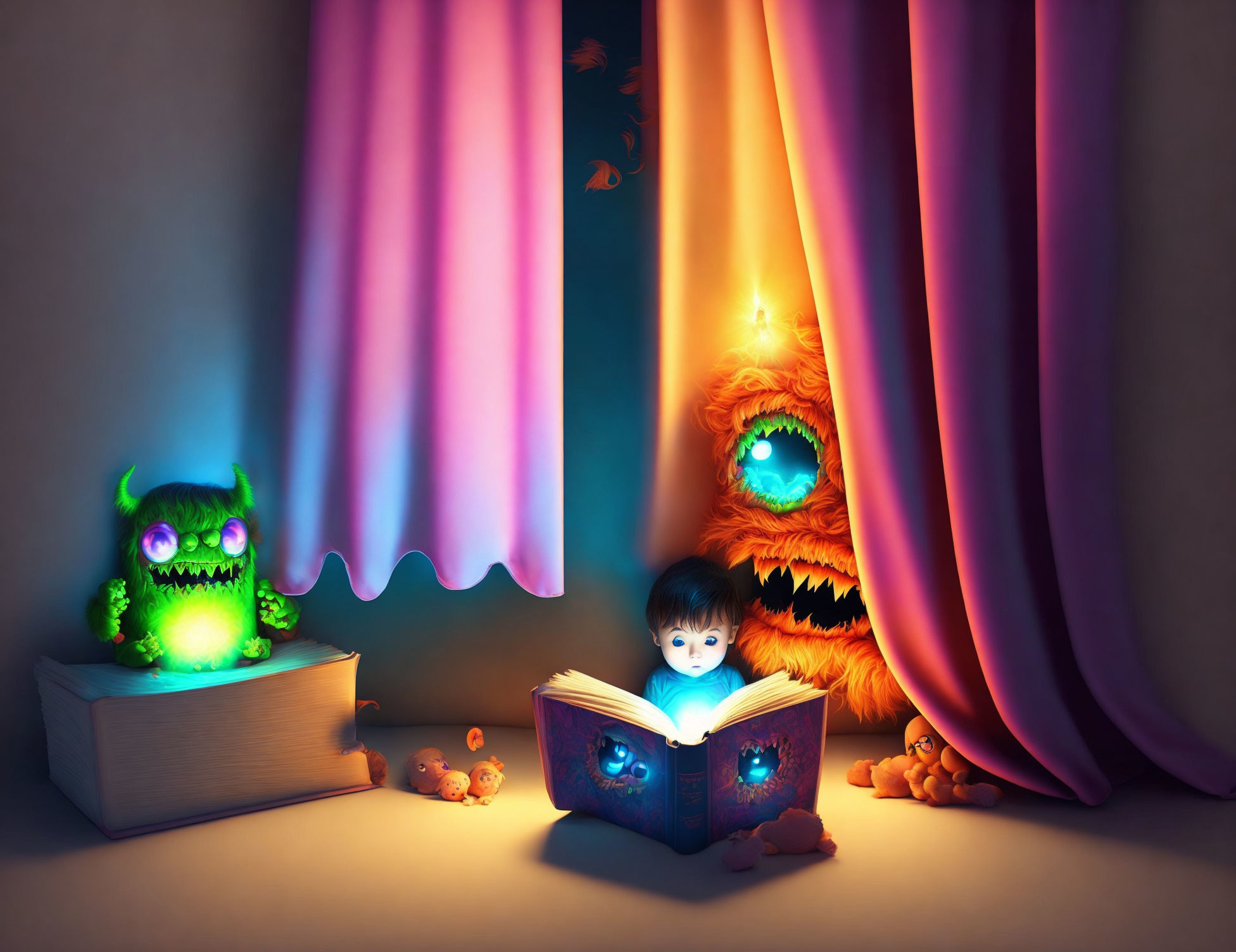 Child reading glowing book with colorful monsters in dimly lit room