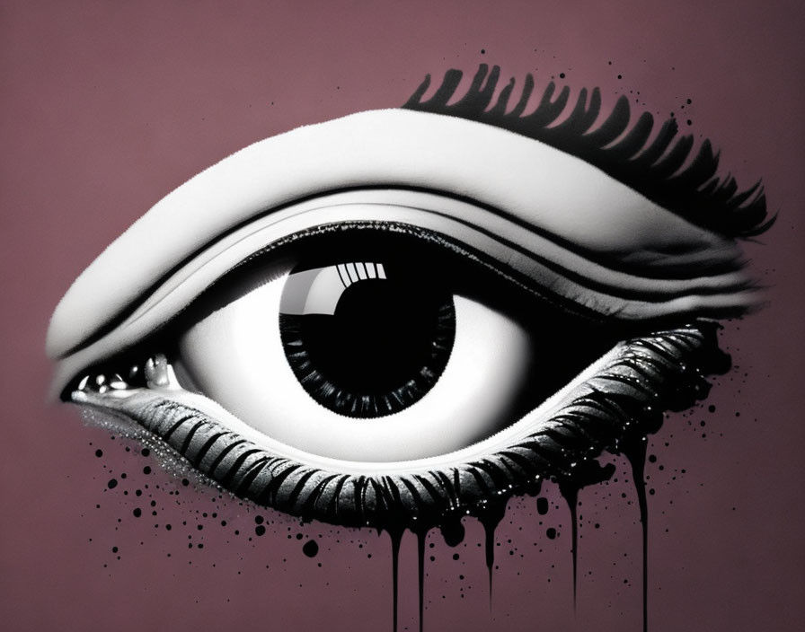 Monochrome human eye with mascara tears on pink background