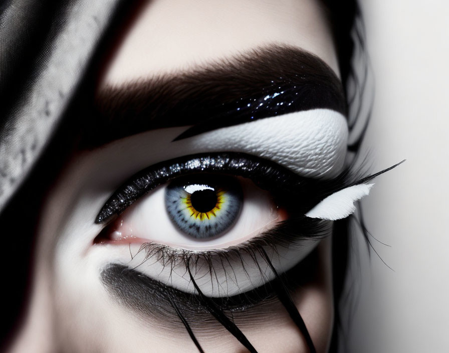 Detailed black and white makeup with feathered eye design.