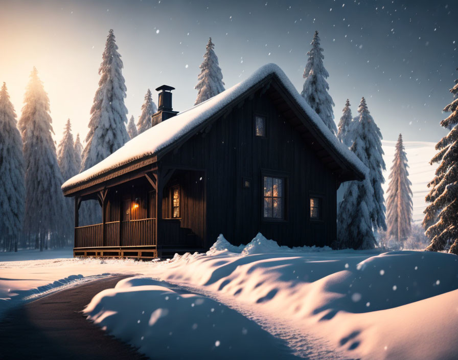 Snowy landscape with cozy cabin and tall pine trees at twilight