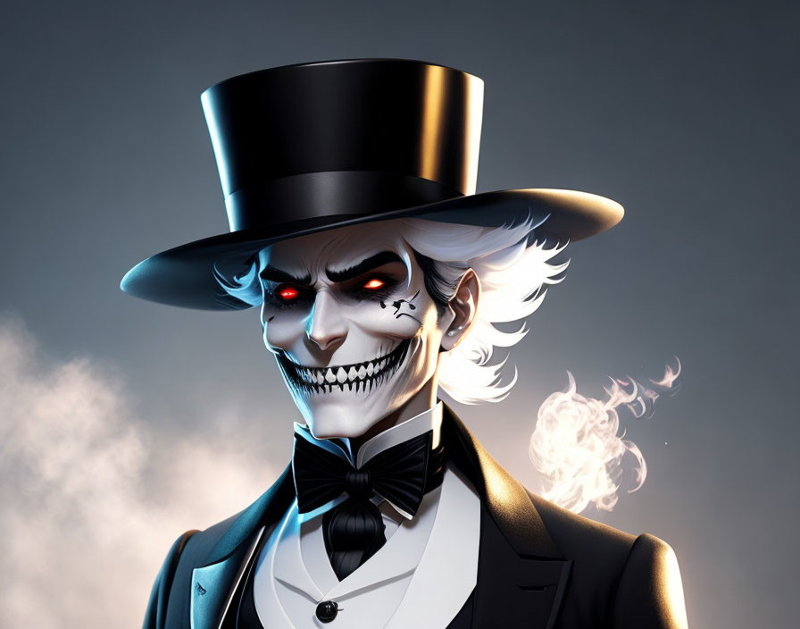 Stylized skeletal character with top hat and red eyes emitting smoke