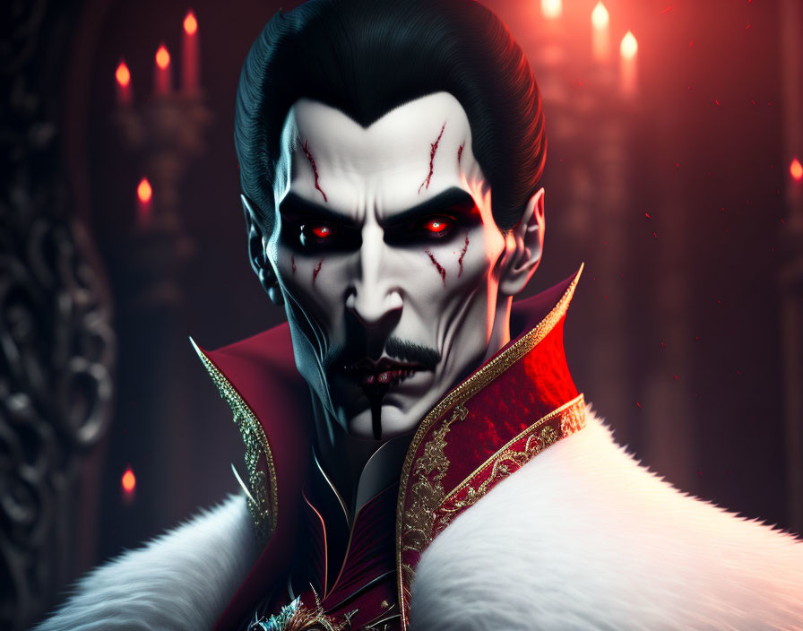 Menacing vampire with sharp fangs and red eyes in elegant red and white outfit in dimly lit