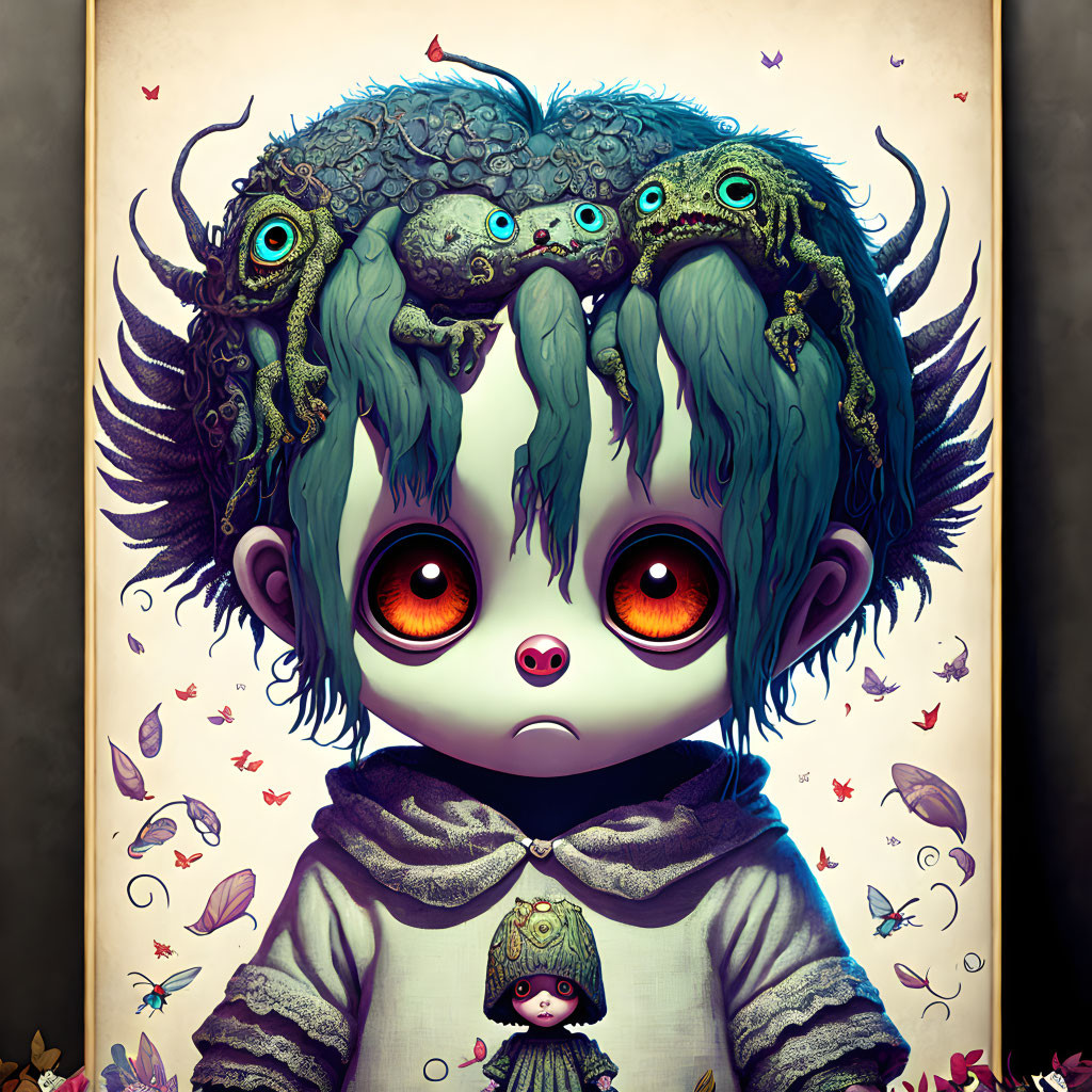Illustration of child with red eyes, octopus headdress, and butterflies
