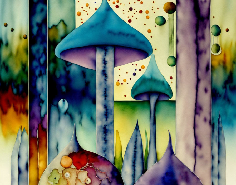 Colorful Mushroom Watercolor Painting with Dreamy Background