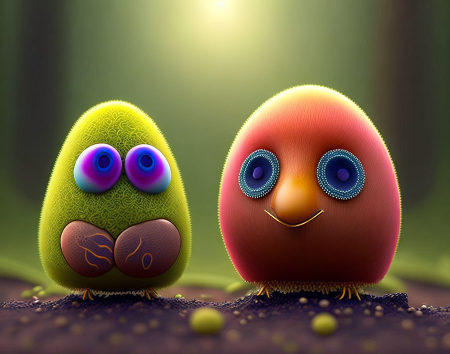 Colorful animated creatures with big eyes in magical forest scene