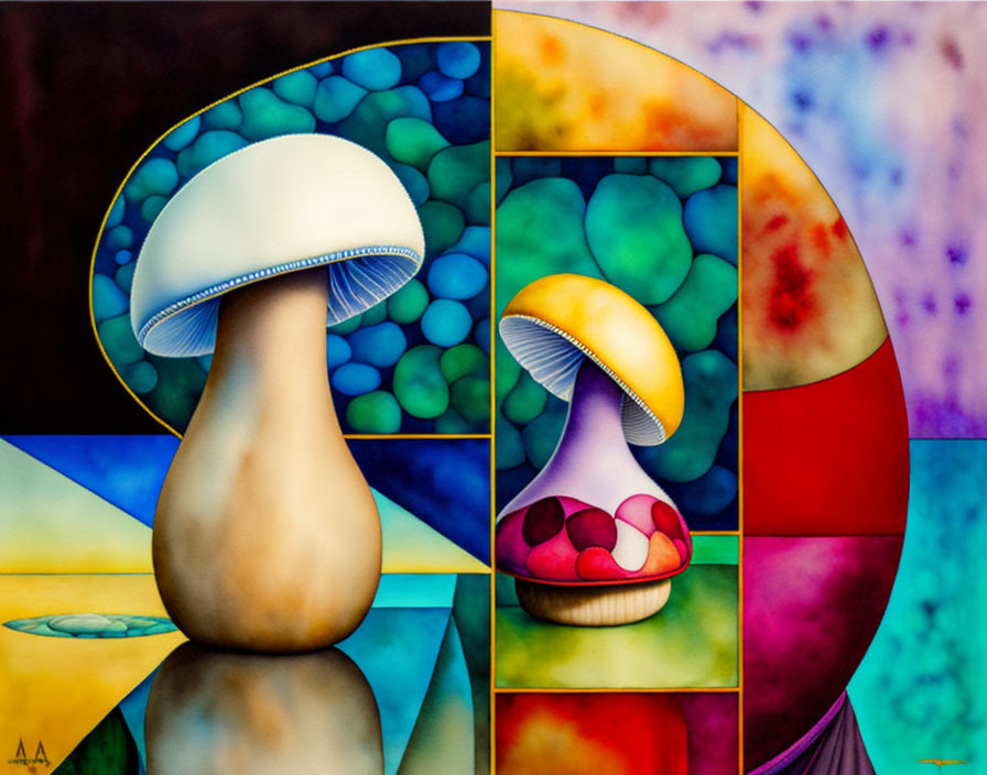 Colorful Geometric Mushroom Art on Vibrant Backgrounds