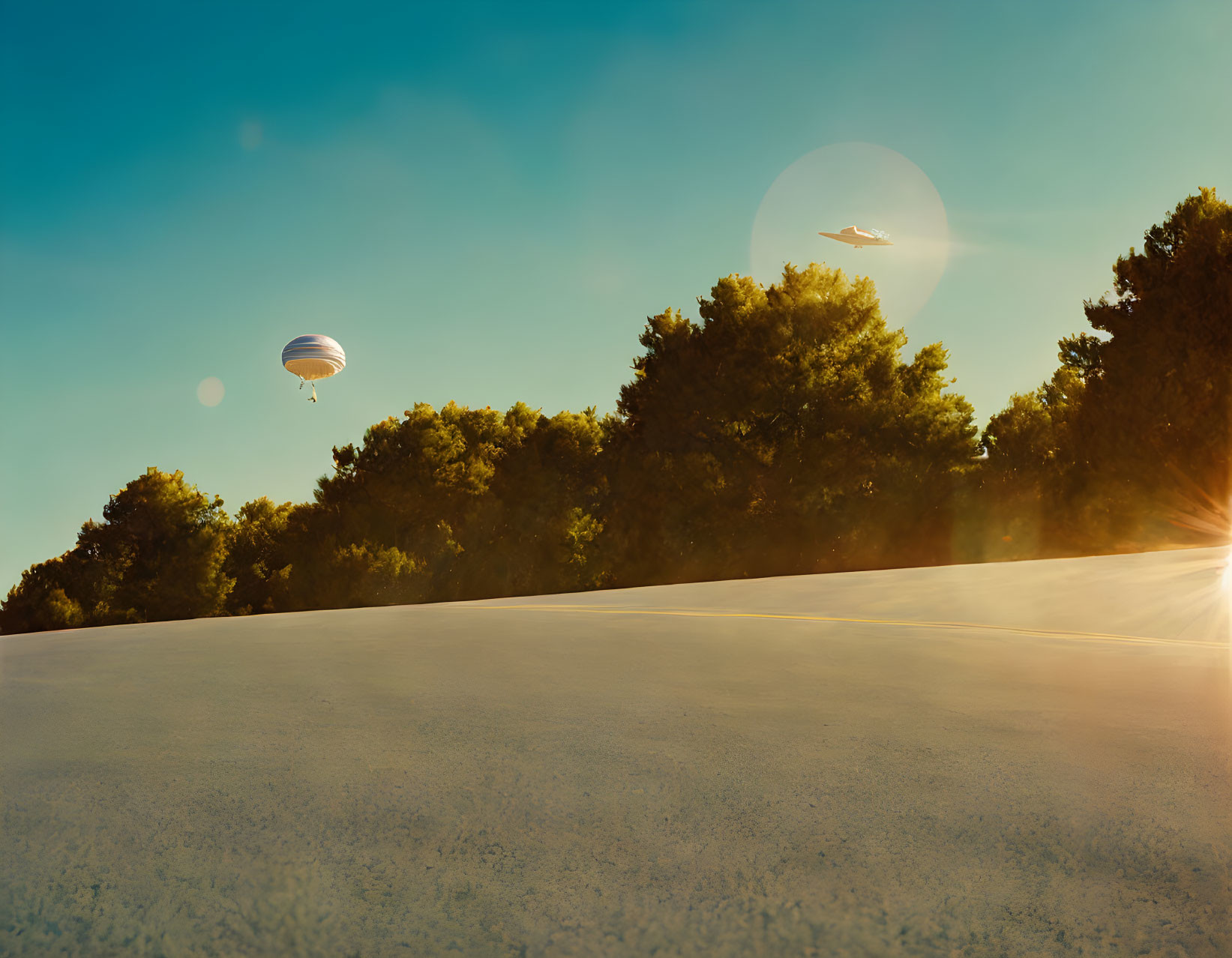 Tranquil landscape with hot air balloon, trees, sun rays, and distant aircraft