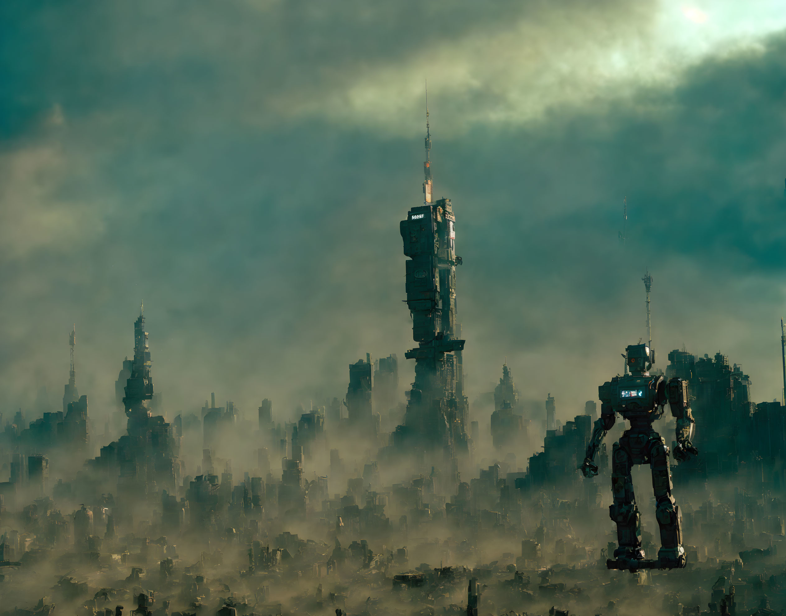 Giant robot in misty futuristic city with skyscrapers at dusk