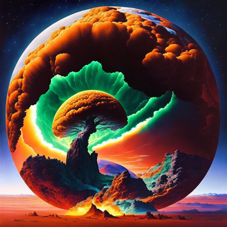 Colorful artwork of mushroom cloud engulfing Earth-like celestial body