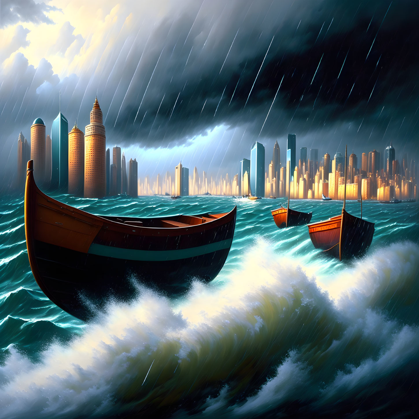 Digital artwork: Two boats on choppy waters with futuristic city skyline, stormy sky, rain