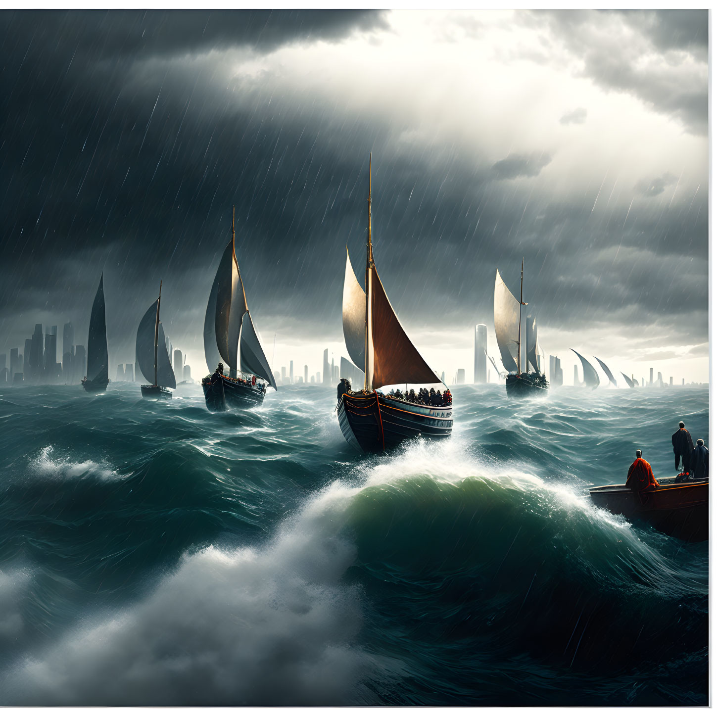 Sailing boats in stormy sea with city skyline in background