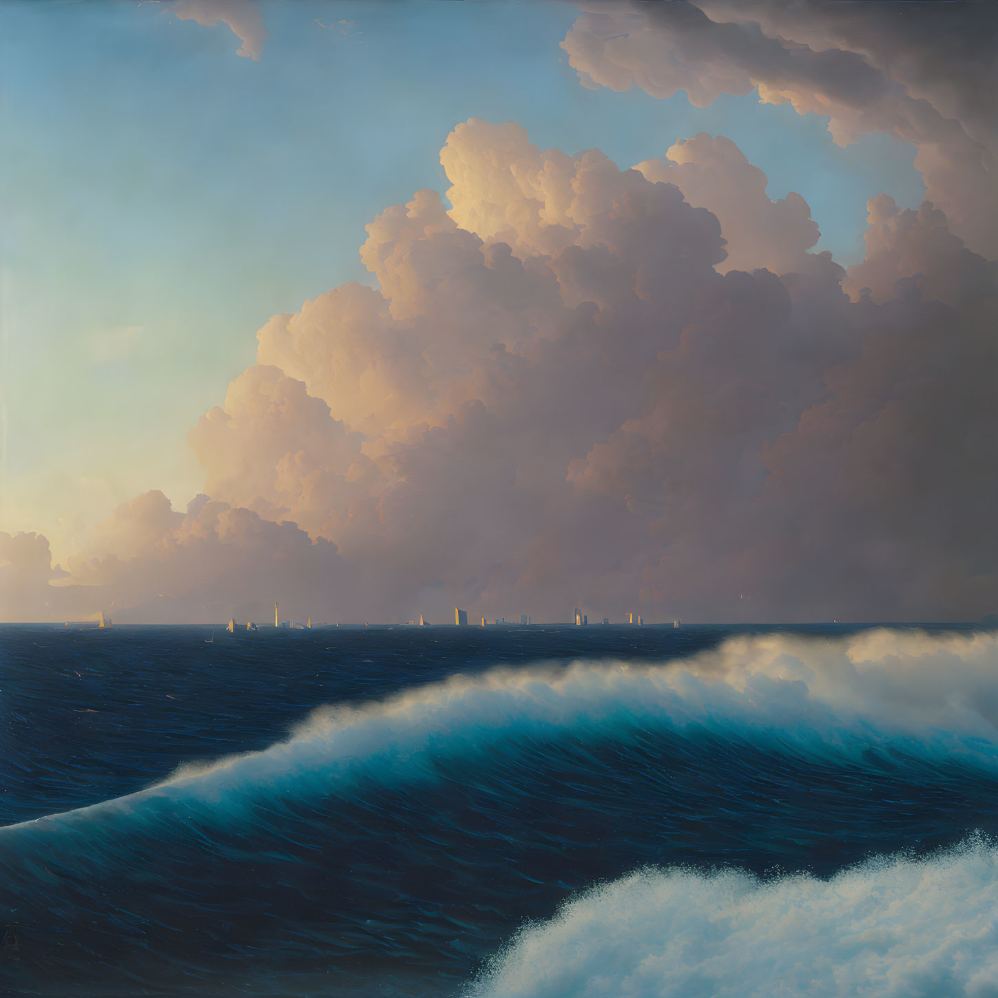 Ocean Sunset Scene with Large Wave, Dramatic Clouds, and Sailing Ships