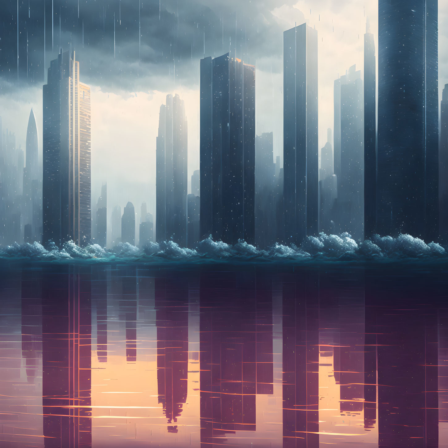 Futuristic cityscape with skyscrapers in twilight rain