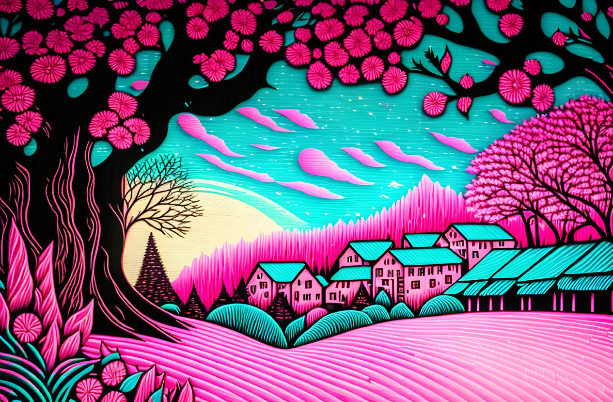 Colorful Landscape with Pink and Teal Hues, Trees, Village, and Rolling Hills