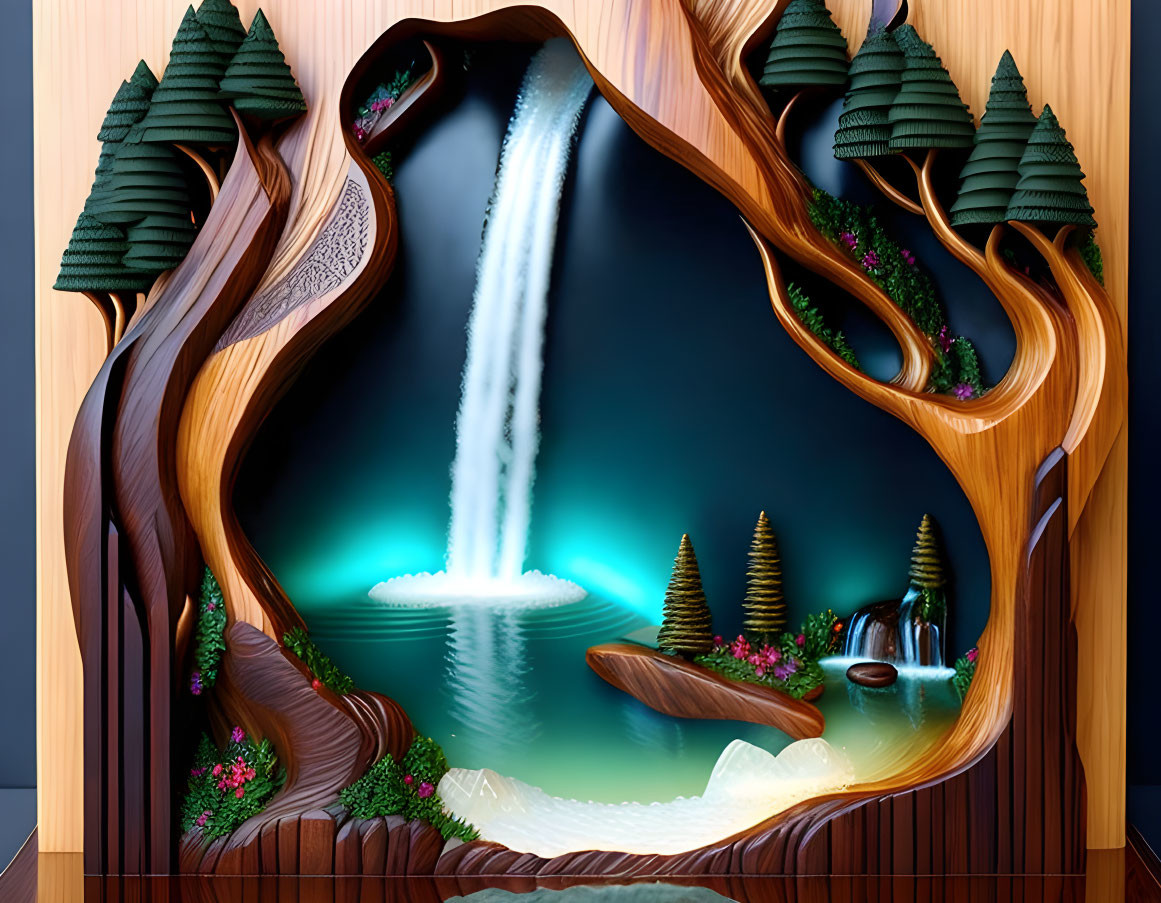 Waterfall landscape in wooden frame with lush trees and blue pool