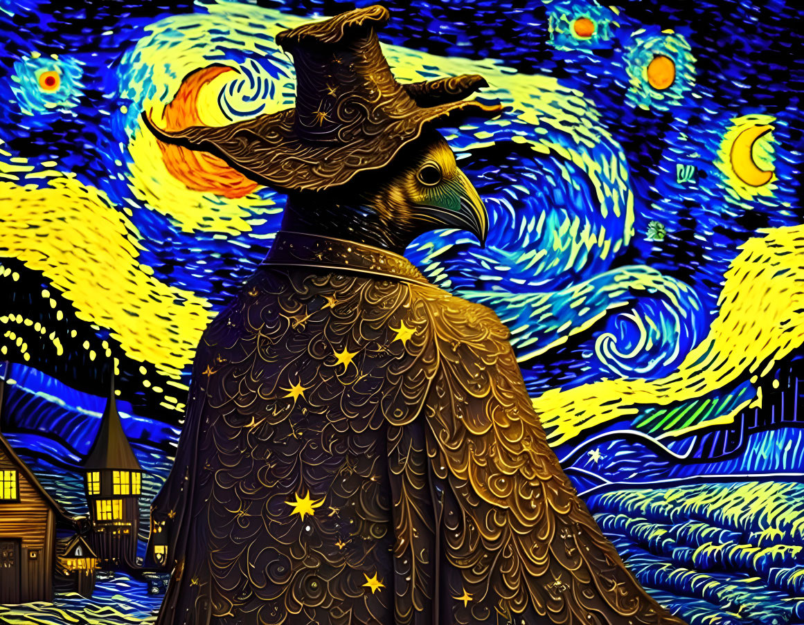 Illustration: Raven in cloak and hat merges with "Starry Night" swirls