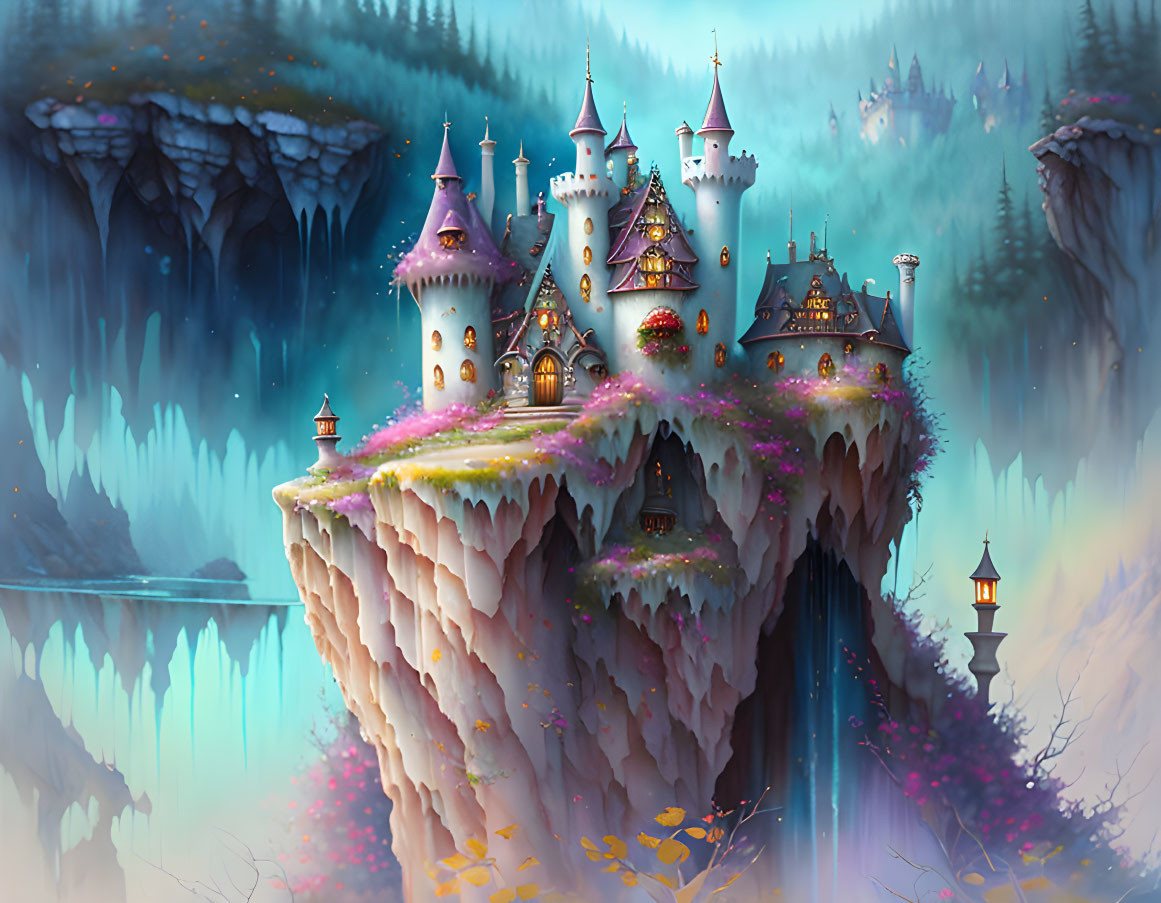 Enchanting castle on steep cliff with warm lights, mystical forest, tranquil lake