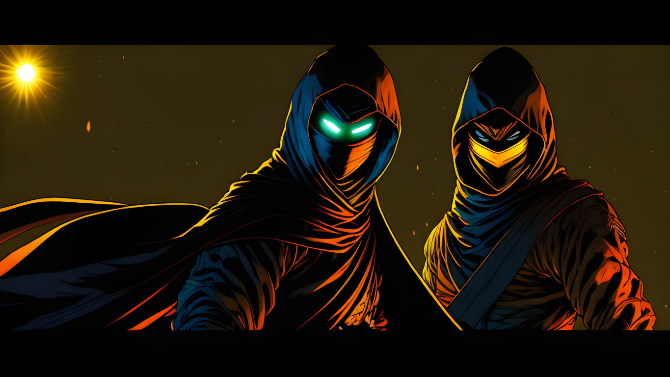 Masked figures in cloaks under starry sky with glowing eyes