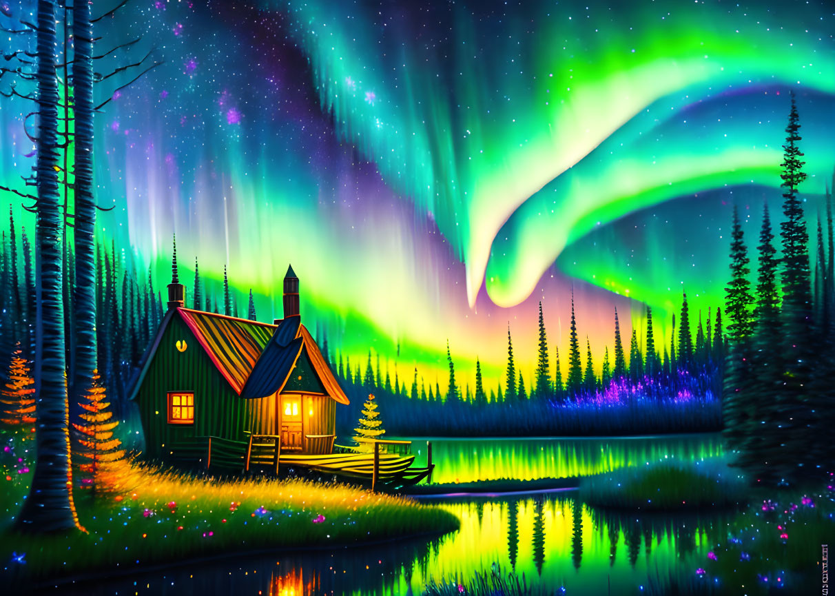 Scenic cabin by lake under aurora borealis