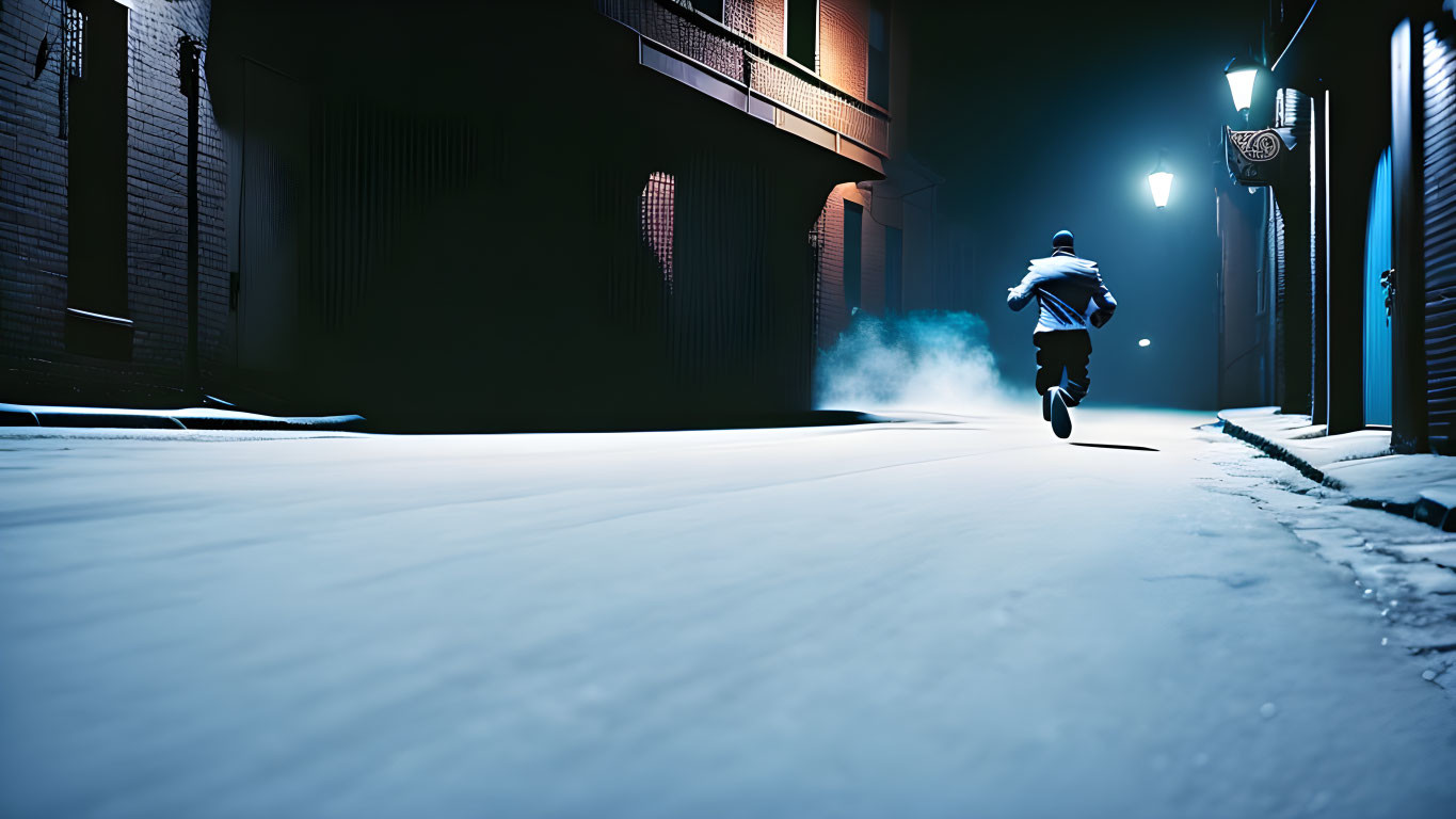 Person running at night in urban alleyway under street lamp with mist