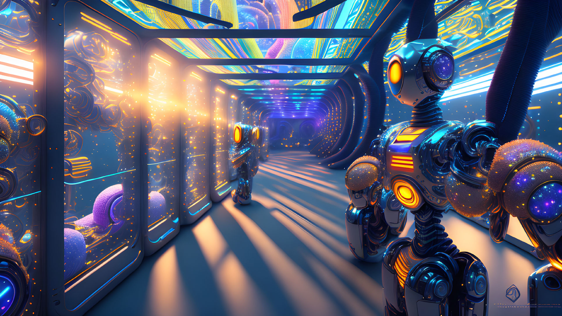 Futuristic corridor with illuminated walls and advanced spherical joint robots