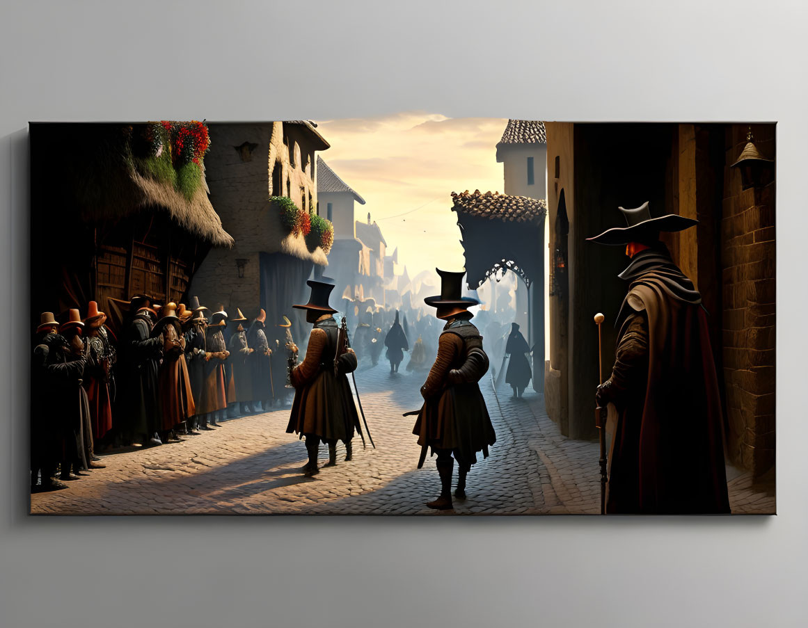 Historic street scene with people in period costumes in sunlit town