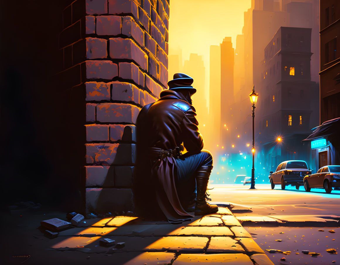 Mysterious figure in trench coat and fedora on city sidewalk at dusk