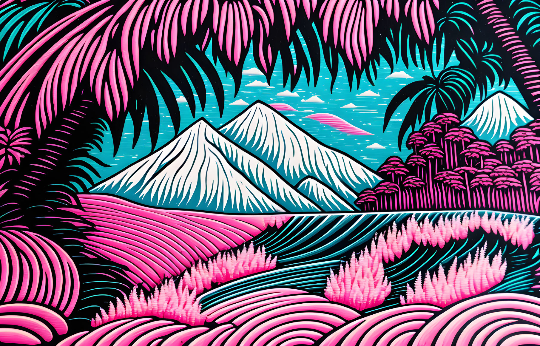 Colorful Tropical Landscape with Pink Palm Trees and Blue Waves