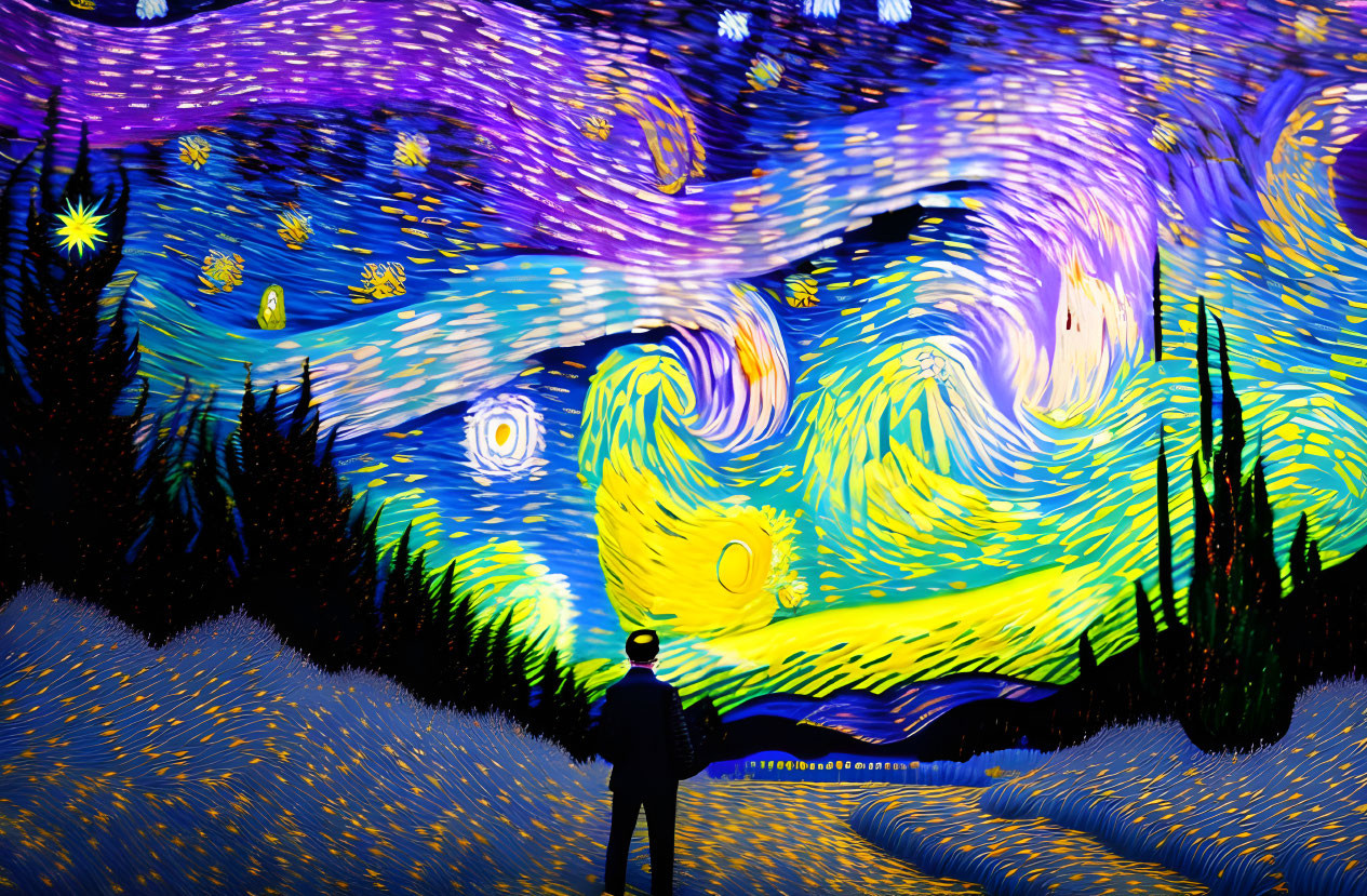 Vibrant illuminated artwork of swirling blues and yellows.