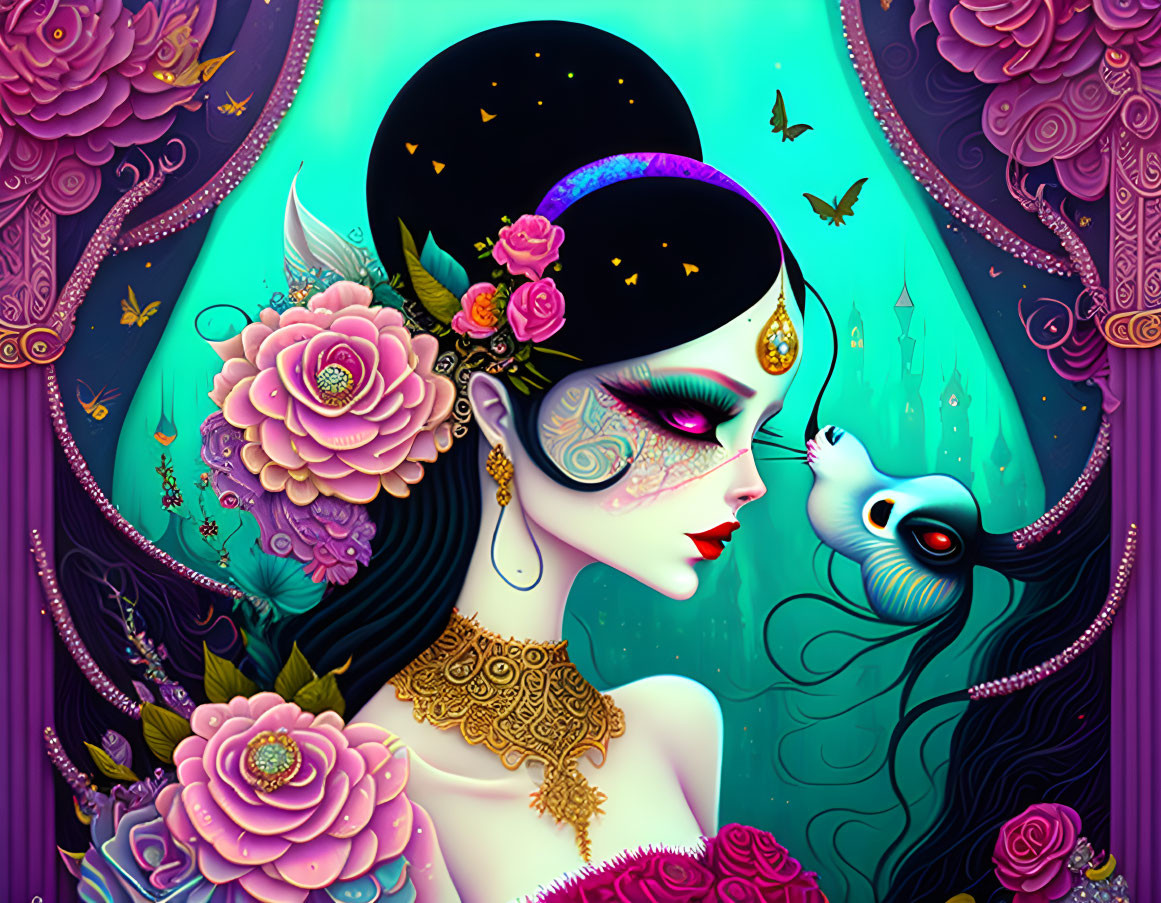 Detailed illustration of woman with black hair, adorned with flowers and gold jewelry, surrounded by butterflies in mystical