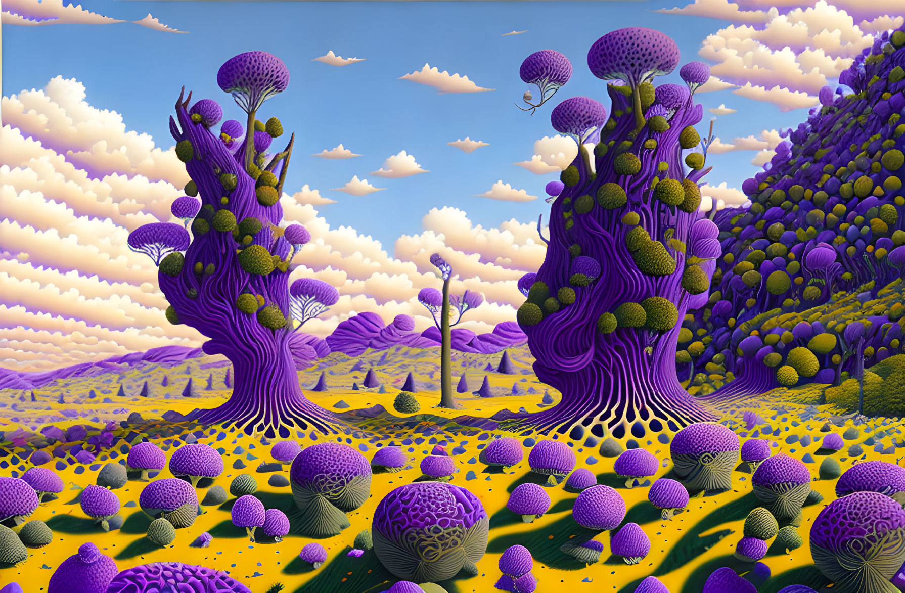 Surreal purple landscape with tree-like structures under yellow sky