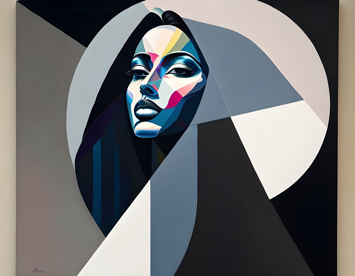 Colorful geometric portrait of a woman's face on light and dark backdrop