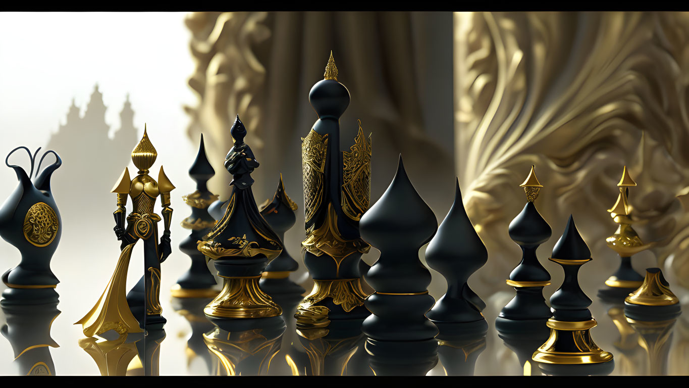 Black and Gold Ornate Chess Pieces on Glossy Surface