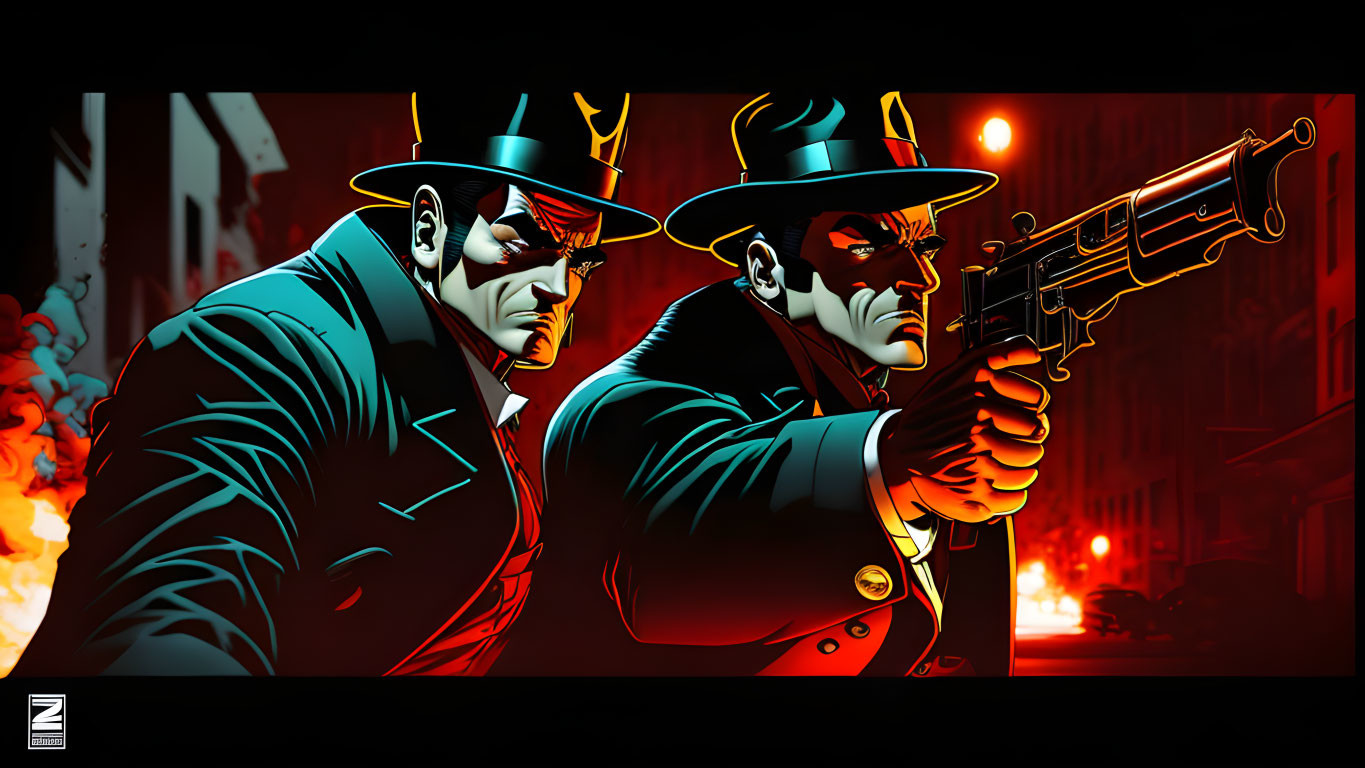 Stylized animated characters in suits and fedoras with guns in fiery city.