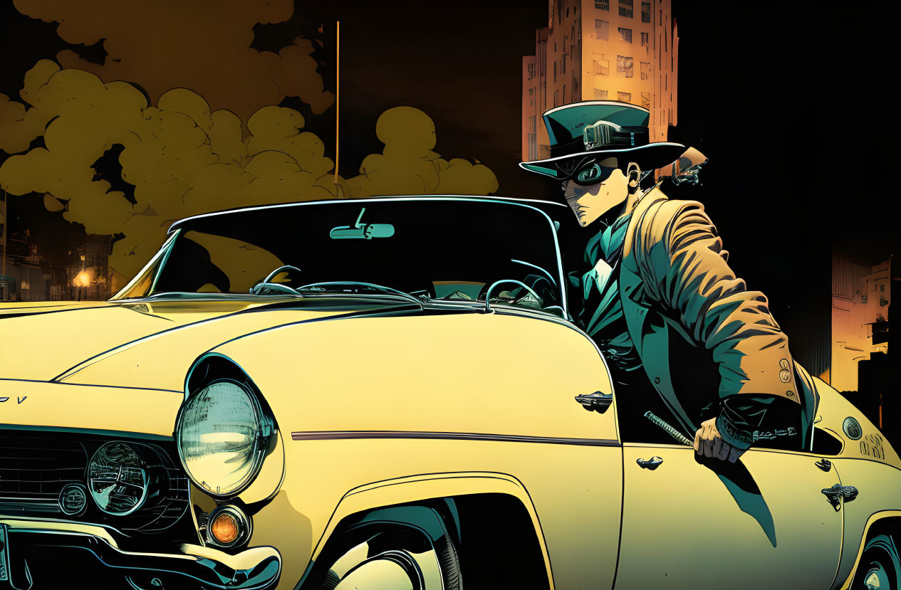 Person in trench coat and fedora with classic car in noir cityscape backdrop in yellow and black.