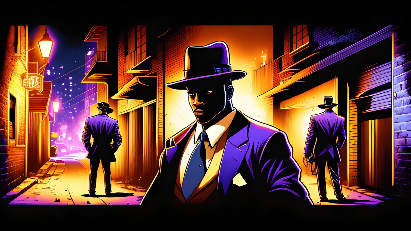 Three mysterious men in suits and fedoras in a neon-lit urban alley