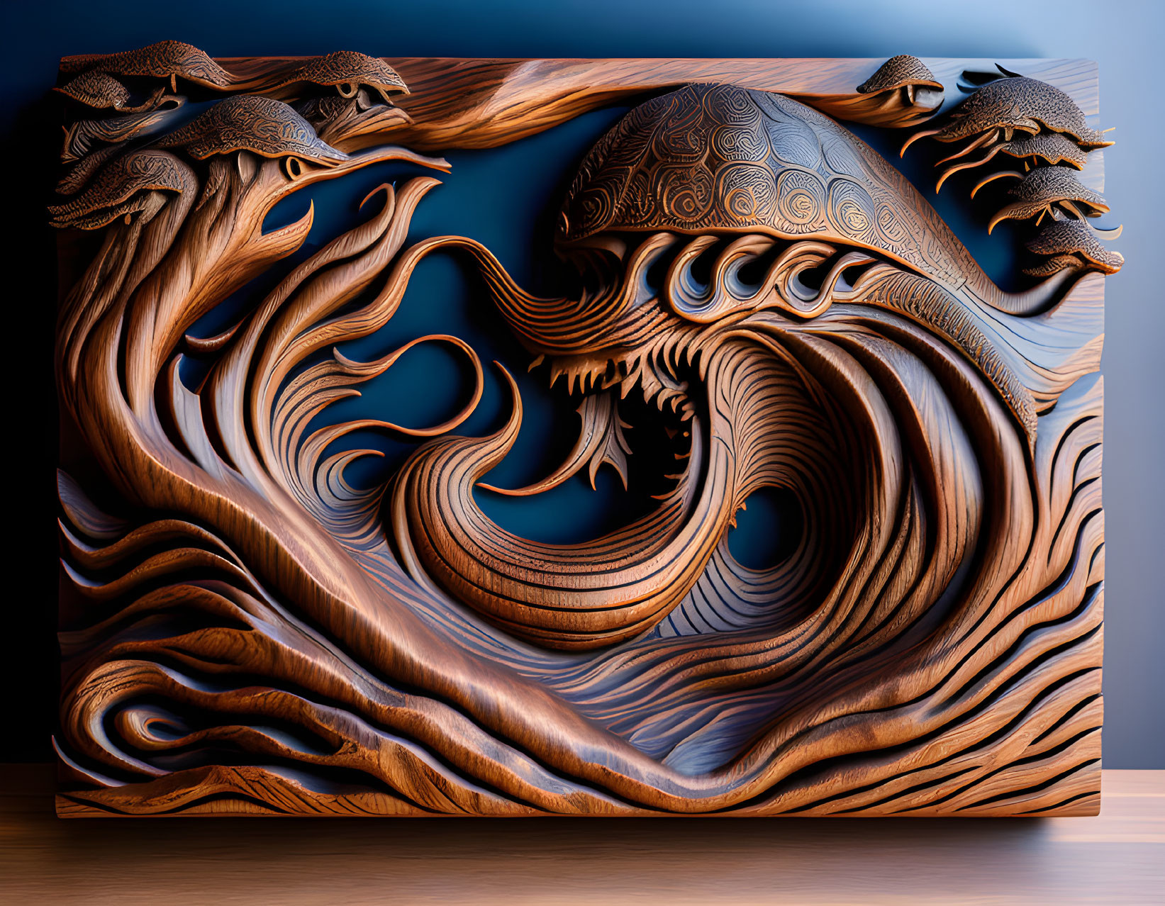 Wooden panel with dynamic wave design and dragon details on blue background