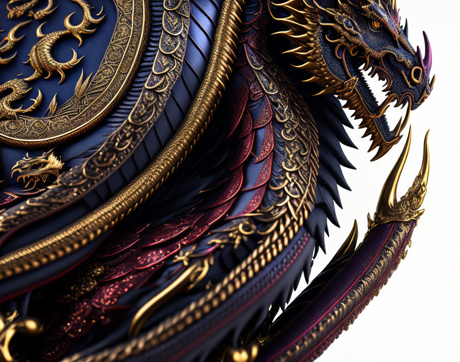 Detailed Dragon Artwork: Dark Blue & Golden Body with Red Accents