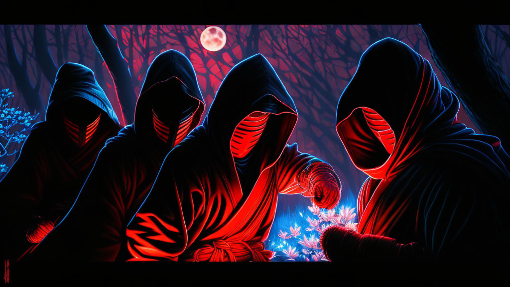 Mysterious hooded figures in red cloaks under full moon