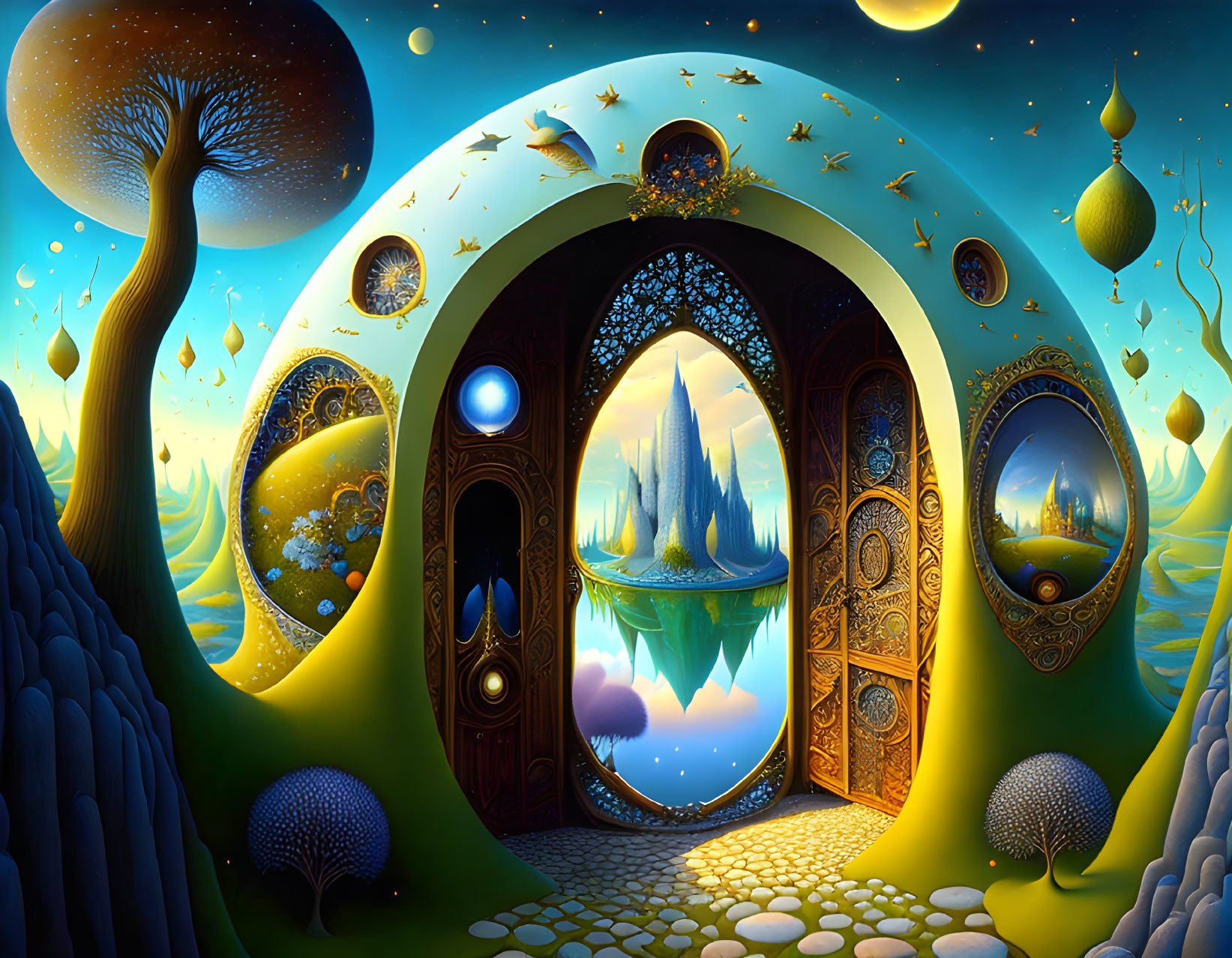 Fantasy landscape with ornate door, castle, whimsical trees, islands, and glowing orbs